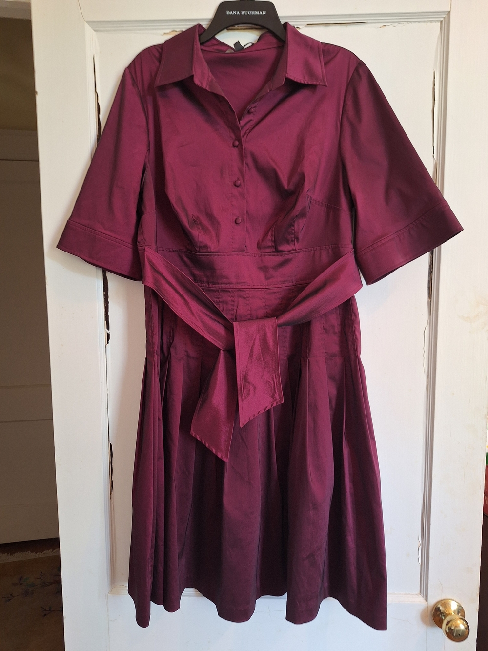Bice' Womens Burgundy Shark Skin Dress Pin Tuck Pleats @ Waist 3/4 Sleeve Sz 14W